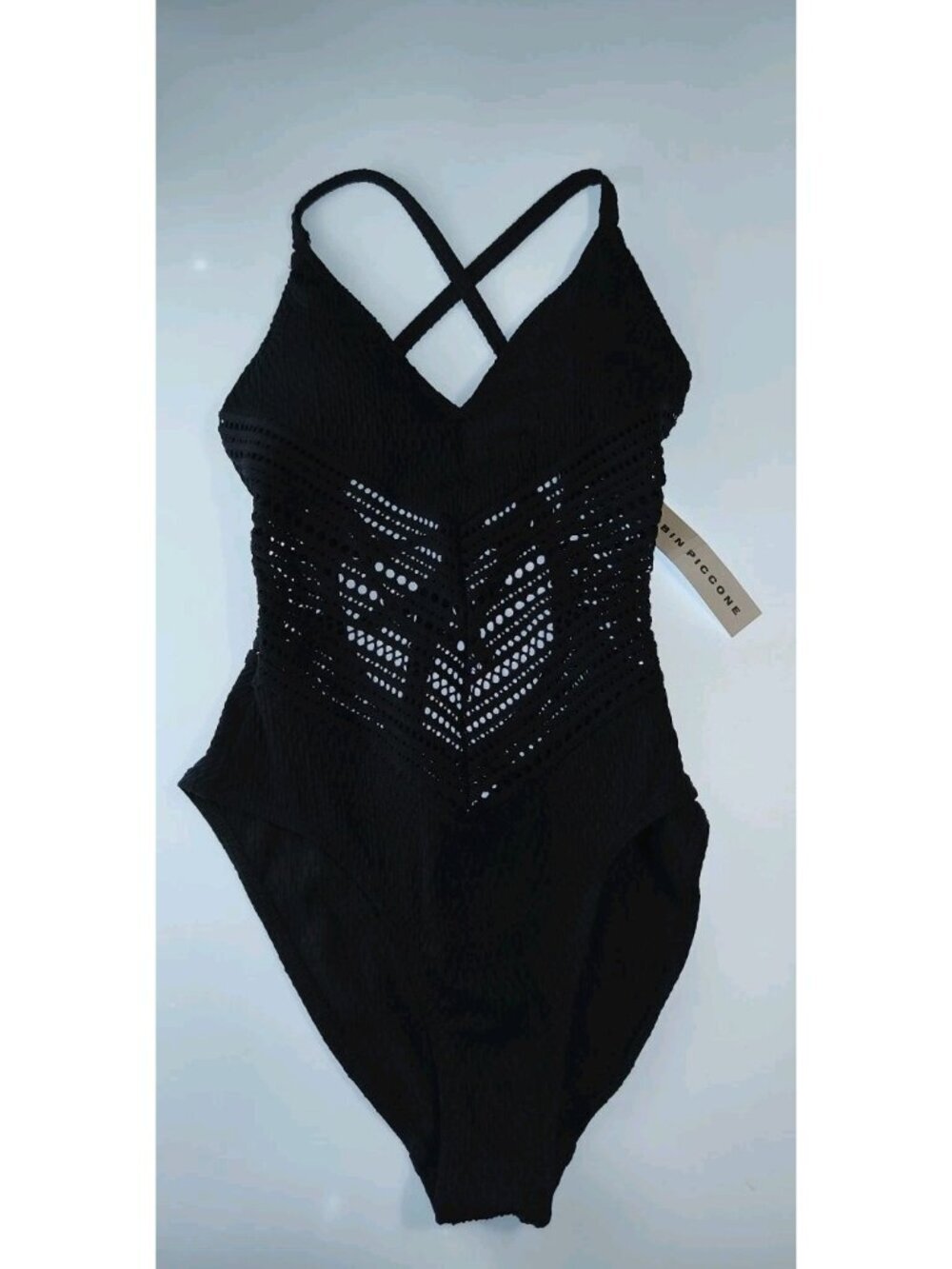 Robin Piccone Black Crochet Panel Crossback One Piece Swimsuit Women's 8 NWT